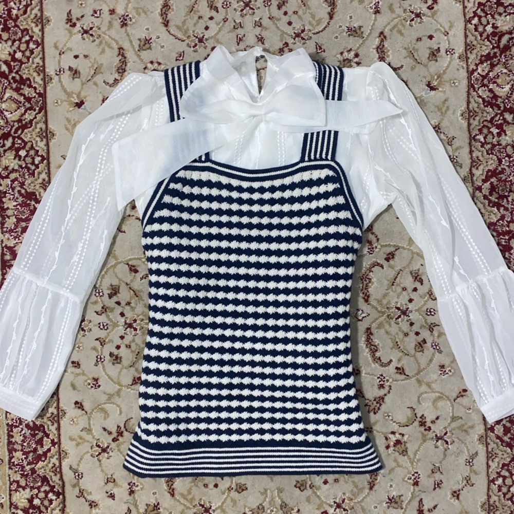 Navy and White Crochet Mix pattern Top